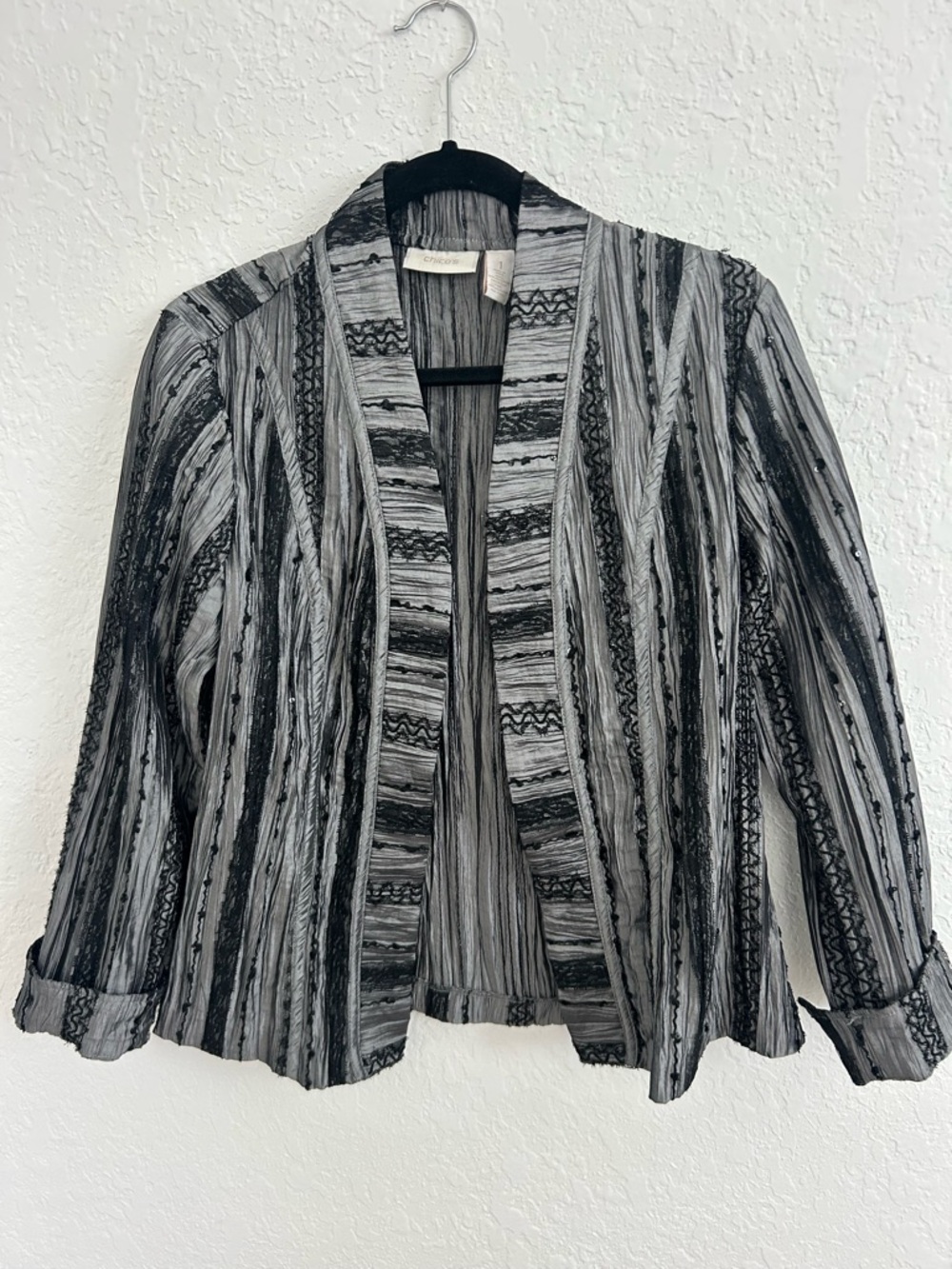 Chico’s Sheer Jacket Size 1 Black Gray Lightweight Open Front Cardigan